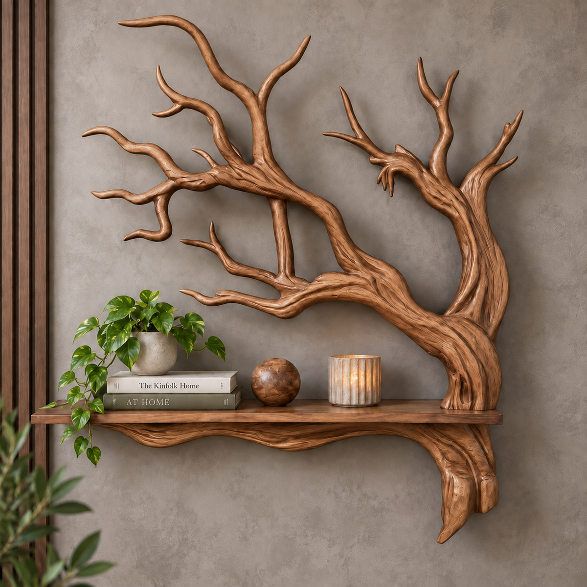 Sculptural Solid Wood Branch Wall Shelf