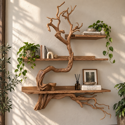 Sculptural Solid Wood Tree Branch Wall Shelf