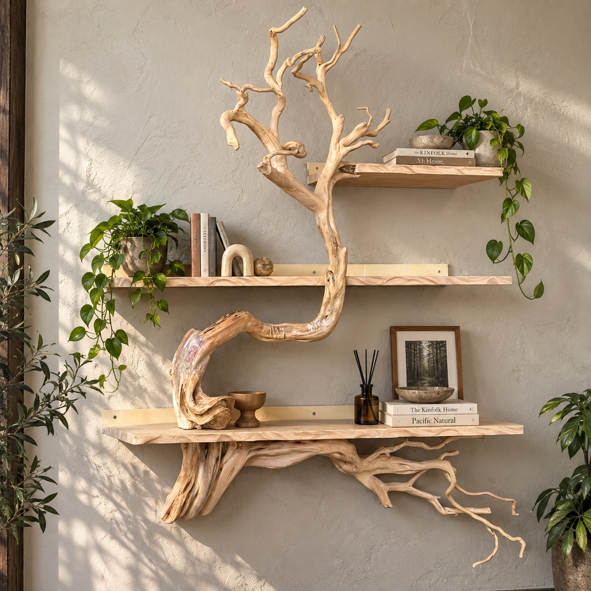 Sculptural Solid Wood Tree Branch Wall Shelf