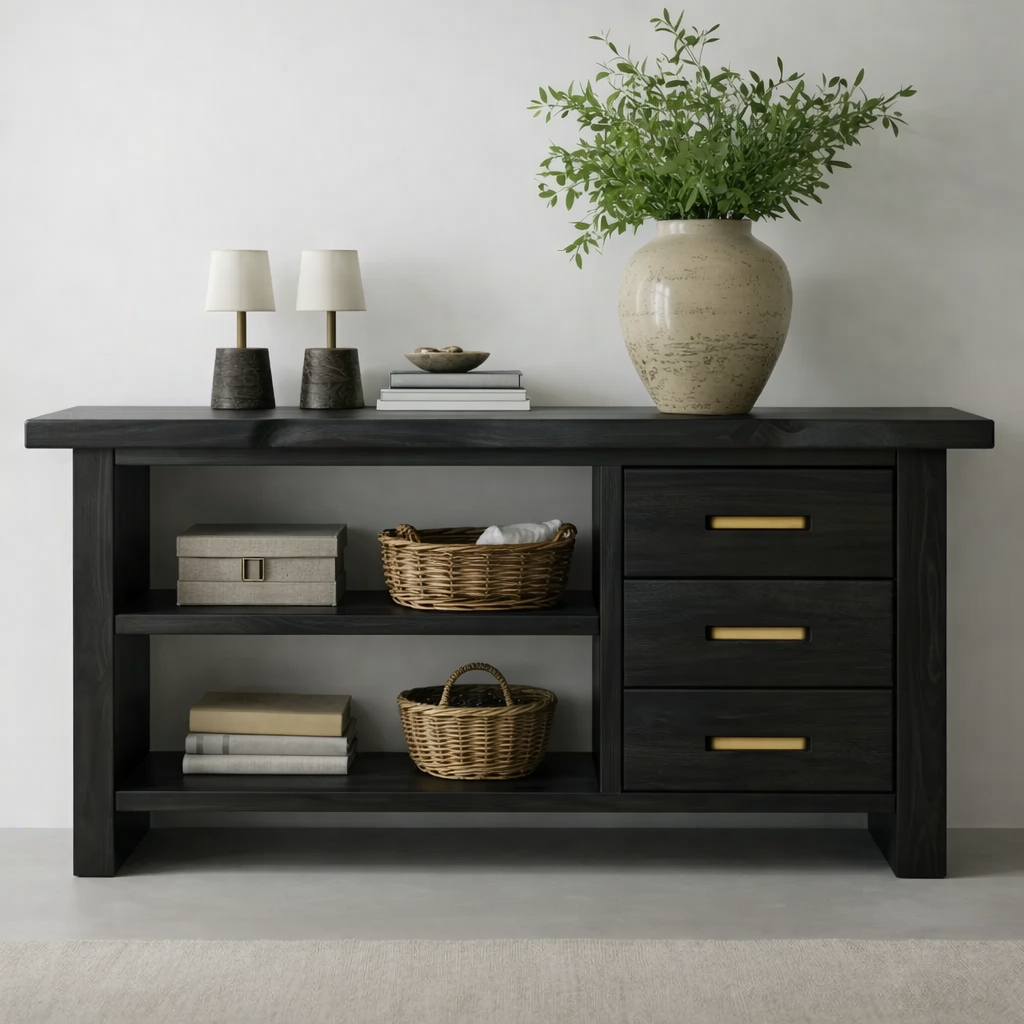 Solid Wood Console Table for Living Room with Open Shelves and Drawers