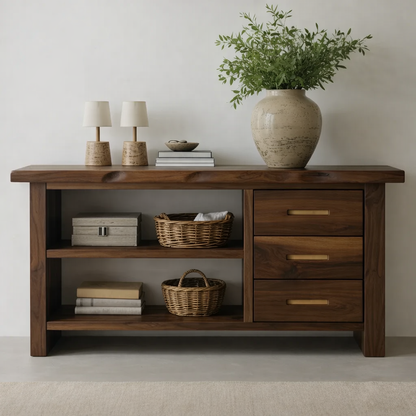 Solid Wood Console Table for Living Room with Open Shelves and Drawers