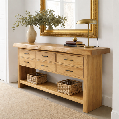 Solid Wood Console Table with Live Edge Top and 6 Drawers