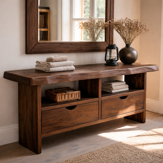 Solid Wood Console Table with Live Edge Top and Drawers for Storage