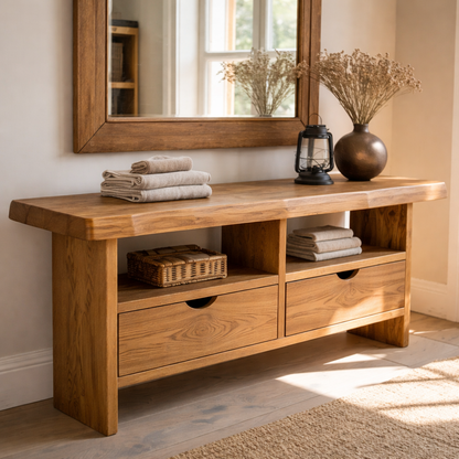 Solid Wood Console Table with Live Edge Top and Drawers for Storage