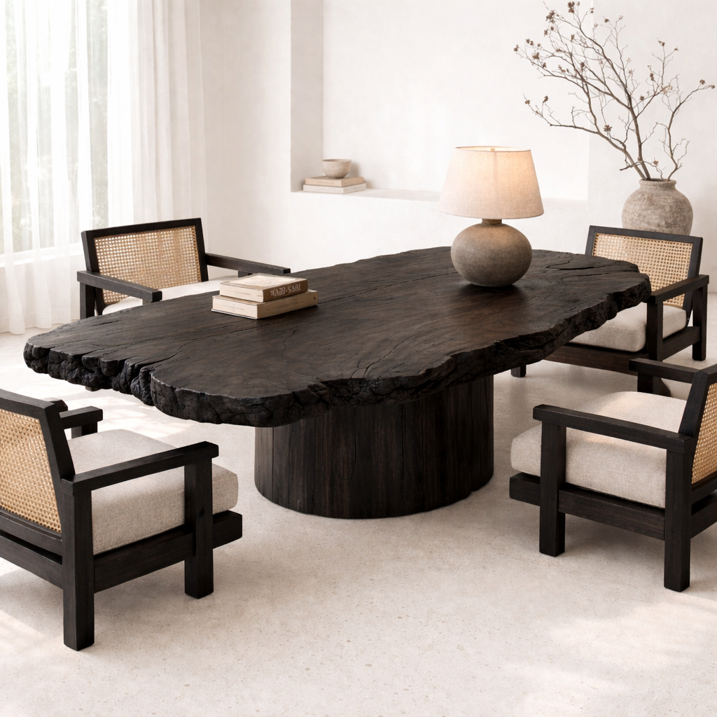 Handcrafted Solid Wood Coffee Table with Live Edge Top and Sculptural Base