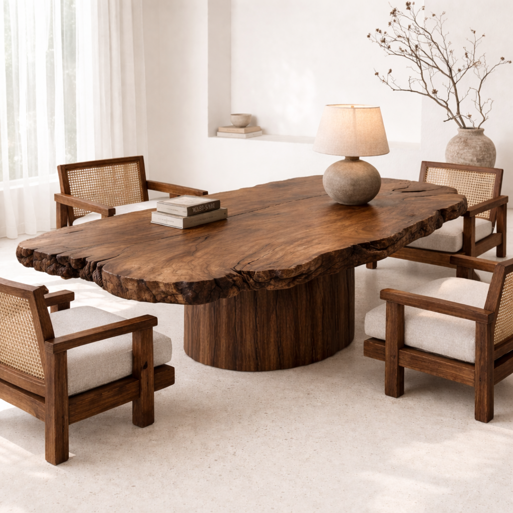 Handcrafted Solid Wood Coffee Table with Live Edge Top and Sculptural Base