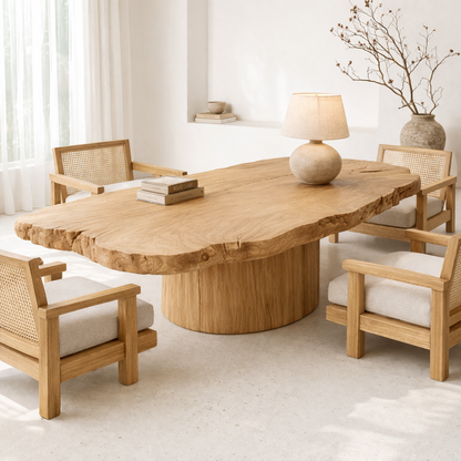 Handcrafted Solid Wood Coffee Table with Live Edge Top and Sculptural Base