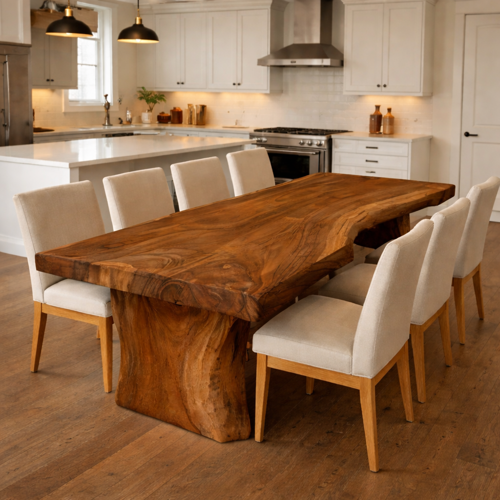 Handcrafted Solid Wood Dining Table with Live Edge Top and Sculptural Pedestal Base