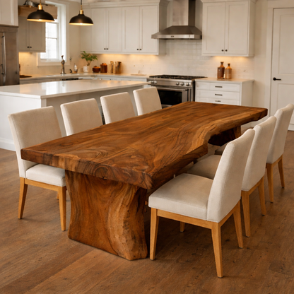 Handcrafted Solid Wood Dining Table with Live Edge Top and Sculptural Pedestal Base