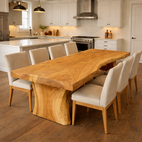 Handcrafted Solid Wood Dining Table with Live Edge Top and Sculptural Pedestal Base