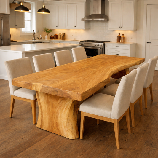 Handcrafted Solid Wood Dining Table with Live Edge Top and Sculptural Pedestal Base