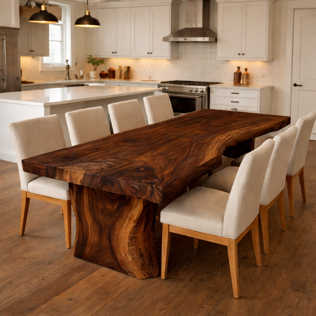 Handcrafted Solid Wood Dining Table with Live Edge Top and Sculptural Pedestal Base