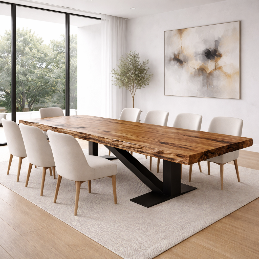 Handcrafted Solid Wood Dining Table with Live Edge Top and Modern Metal Base