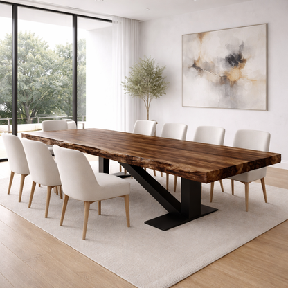 Handcrafted Solid Wood Dining Table with Live Edge Top and Modern Metal Base