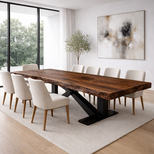 Handcrafted Solid Wood Dining Table with Live Edge Top and Modern Metal Base