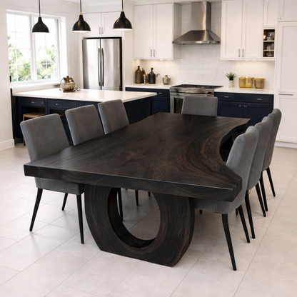 Handcrafted Solid Wood Dining Table with Live Edge Top and Sculptural Loop Base