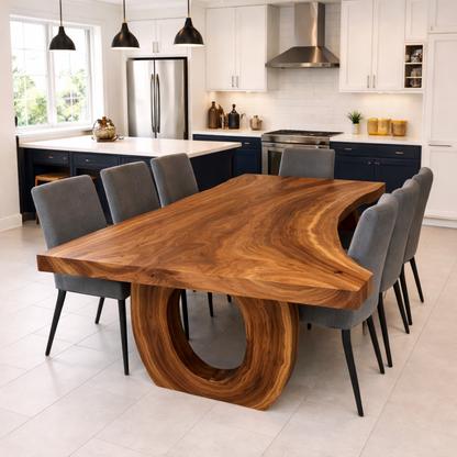 Handcrafted Solid Wood Dining Table with Live Edge Top and Sculptural Loop Base