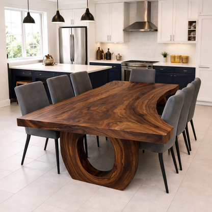 Handcrafted Solid Wood Dining Table with Live Edge Top and Sculptural Loop Base