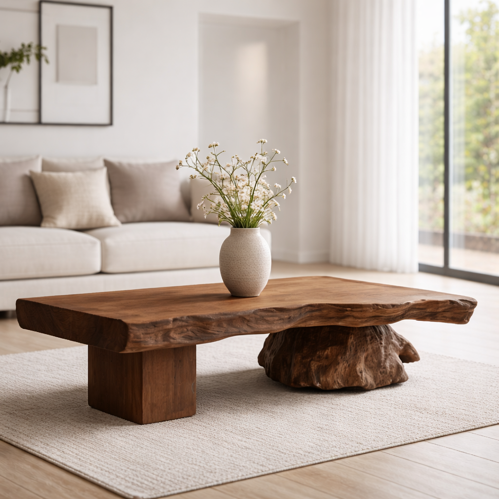 Live Edge Solid Wood Coffee Table with Sculptural Base – Handcrafted Rustic Modern Design