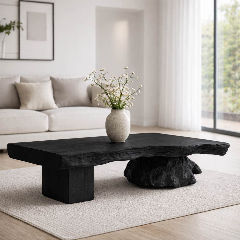 Live Edge Solid Wood Coffee Table with Sculptural Base – Handcrafted Rustic Modern Design