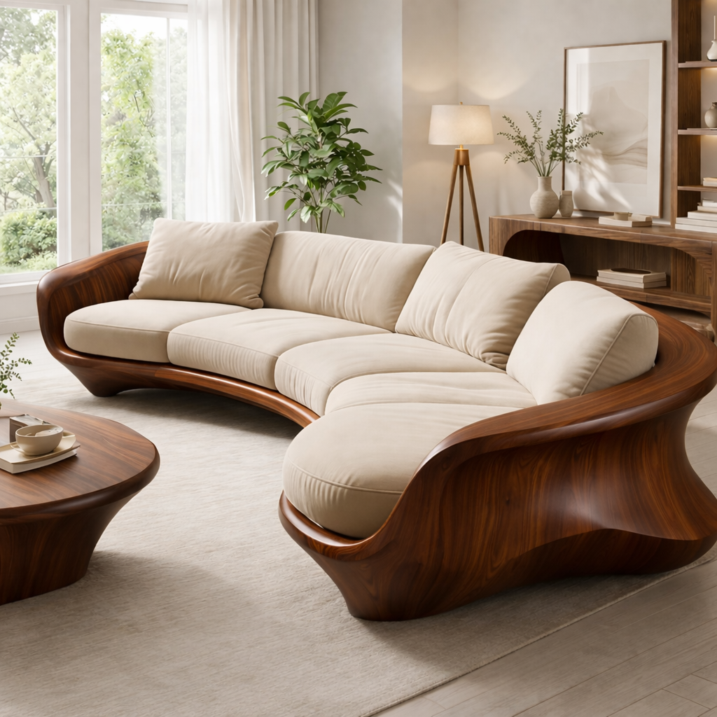Curved Solid Wood Sofa with Sculptural Frame – Luxury Modern Organic Design