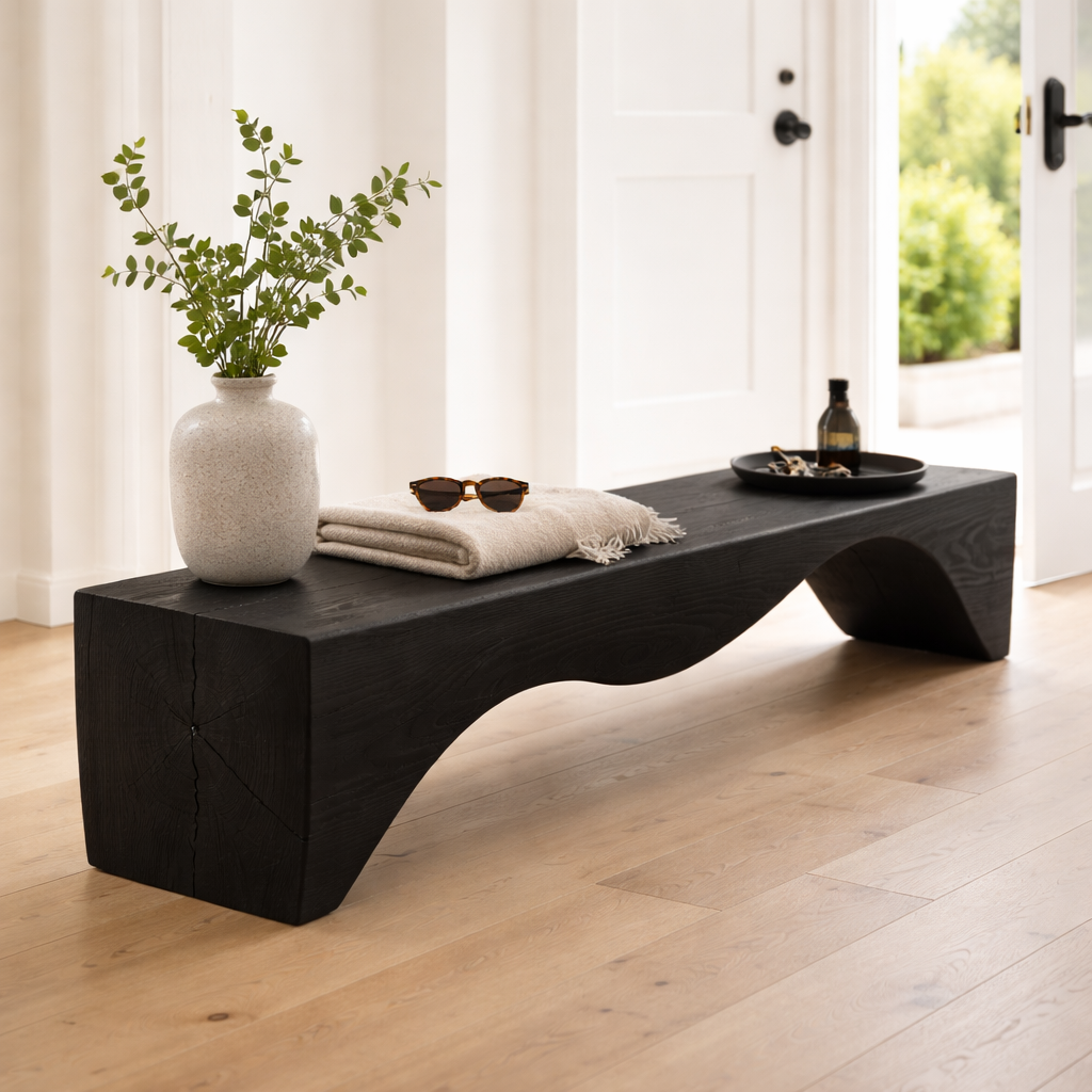 Solid Wood Entryway Bench with Curved Sculptural Base – Modern Minimalist Design