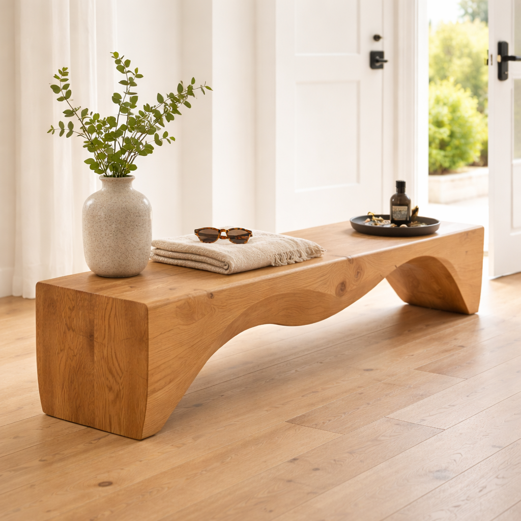 Solid Wood Entryway Bench with Curved Sculptural Base – Modern Minimalist Design
