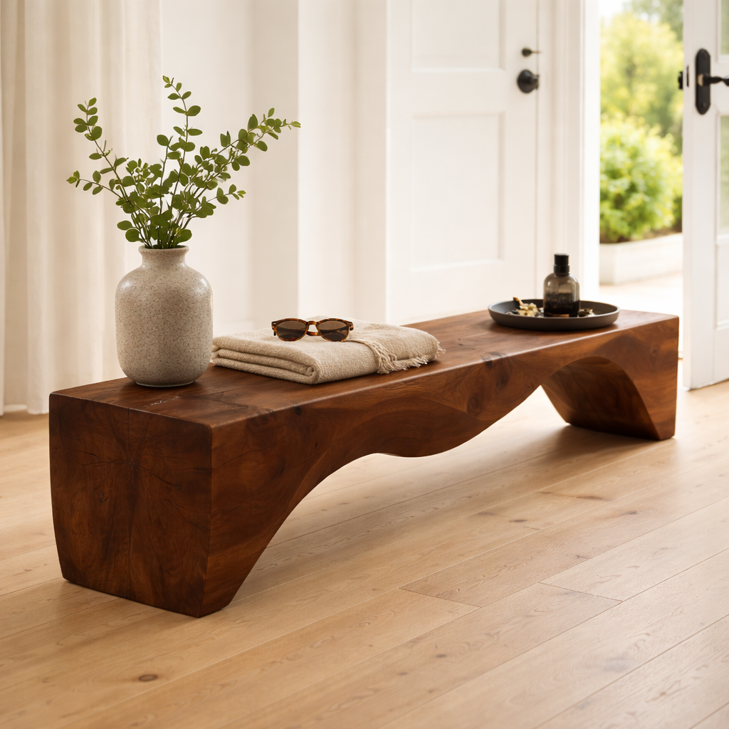 Solid Wood Entryway Bench with Curved Sculptural Base – Modern Minimalist Design