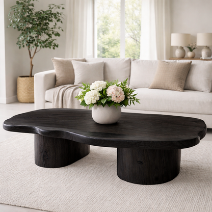 Solid Wood Coffee Table with Organic Shape & Dual Pedestal Base – Modern Rustic Design