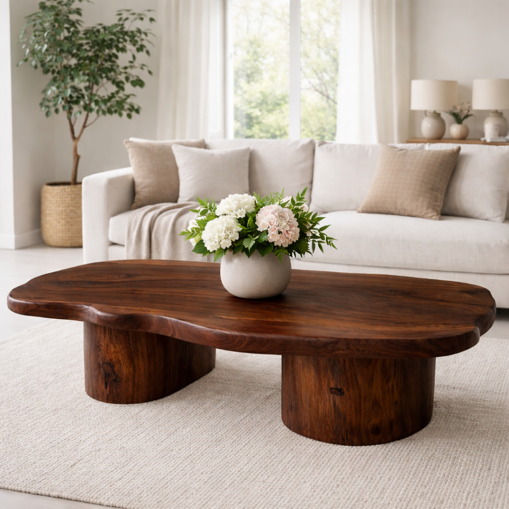 Solid Wood Coffee Table with Organic Shape & Dual Pedestal Base – Modern Rustic Design