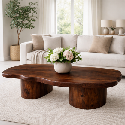 Solid Wood Coffee Table with Organic Shape & Dual Pedestal Base – Modern Rustic Design