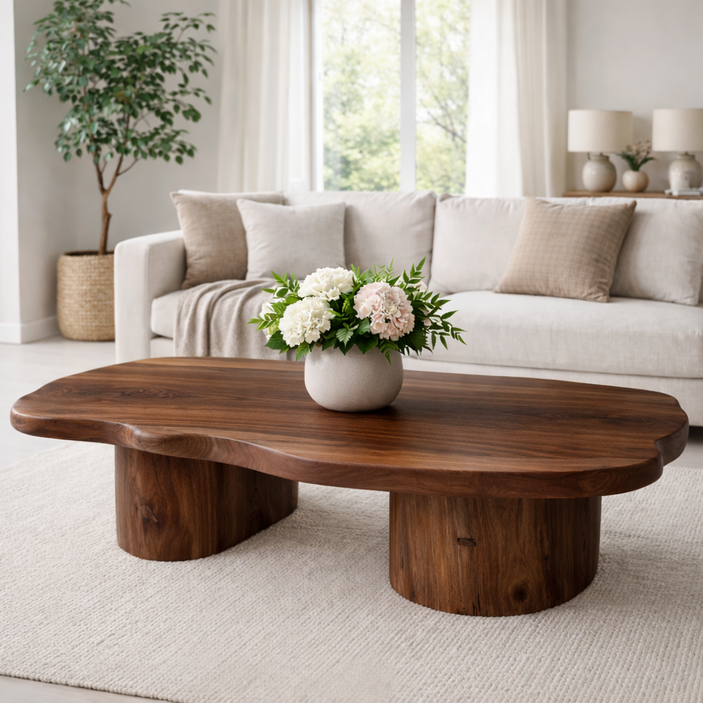 Solid Wood Coffee Table with Organic Shape & Dual Pedestal Base – Modern Rustic Design