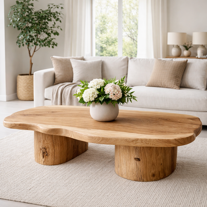 Solid Wood Coffee Table with Organic Shape & Dual Pedestal Base – Modern Rustic Design