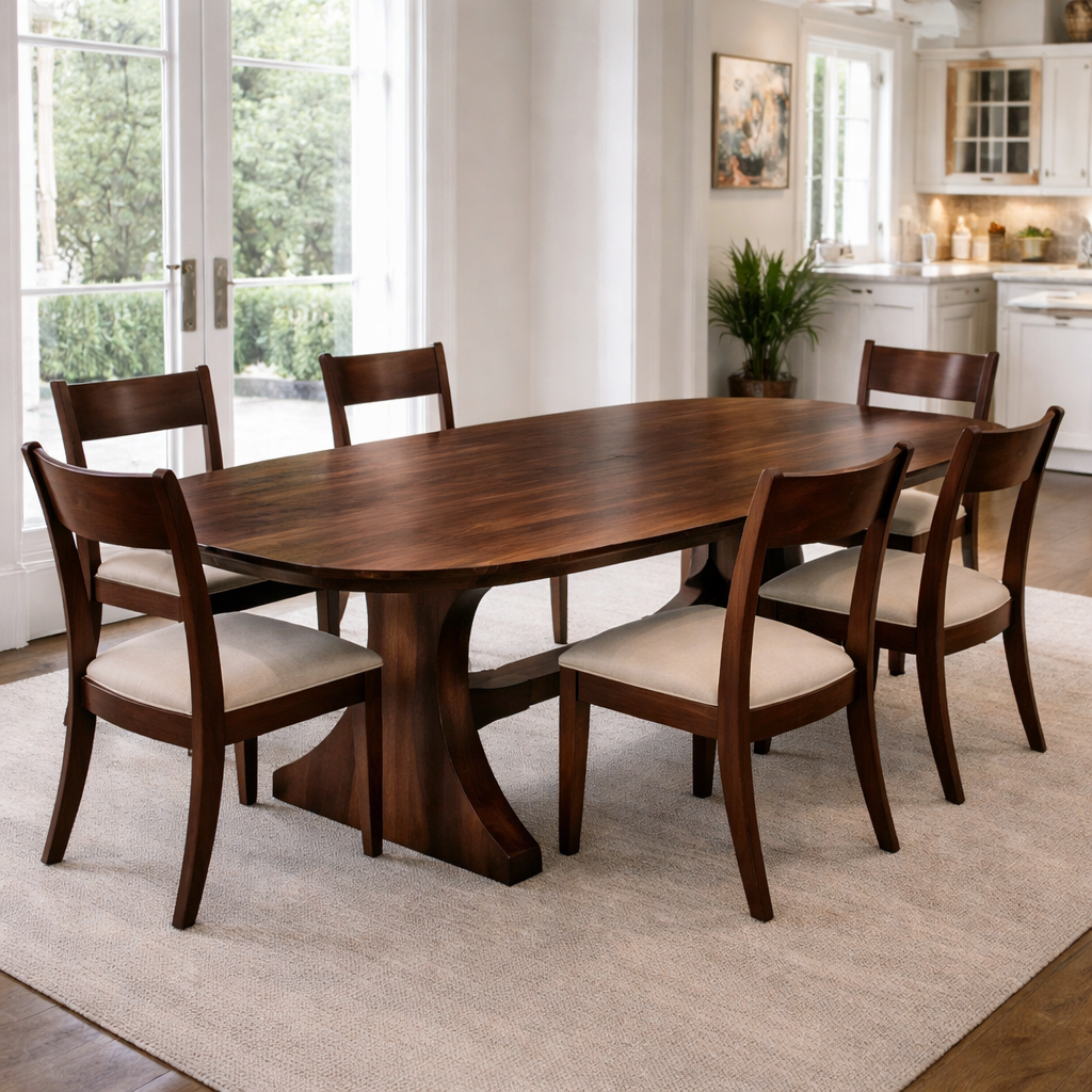 Solid Wood Oval Dining Table with Curved Pedestal Base – Elegant Modern Design