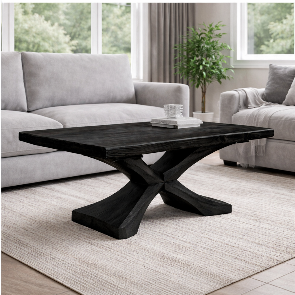 Solid Wood Coffee Table with Sculptural X Base – Modern Rustic Living Room Table