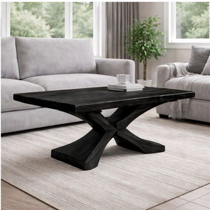 Solid Wood Coffee Table with Sculptural X Base – Modern Rustic Living Room Table