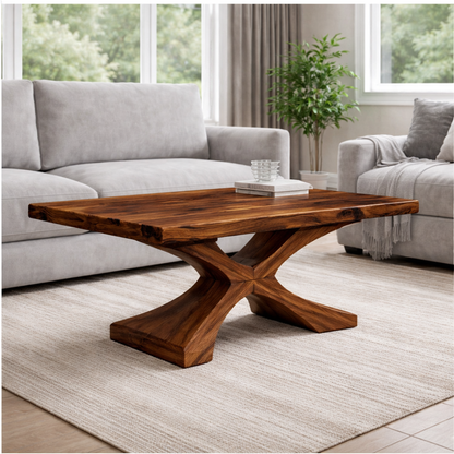 Solid Wood Coffee Table with Sculptural X Base – Modern Rustic Living Room Table