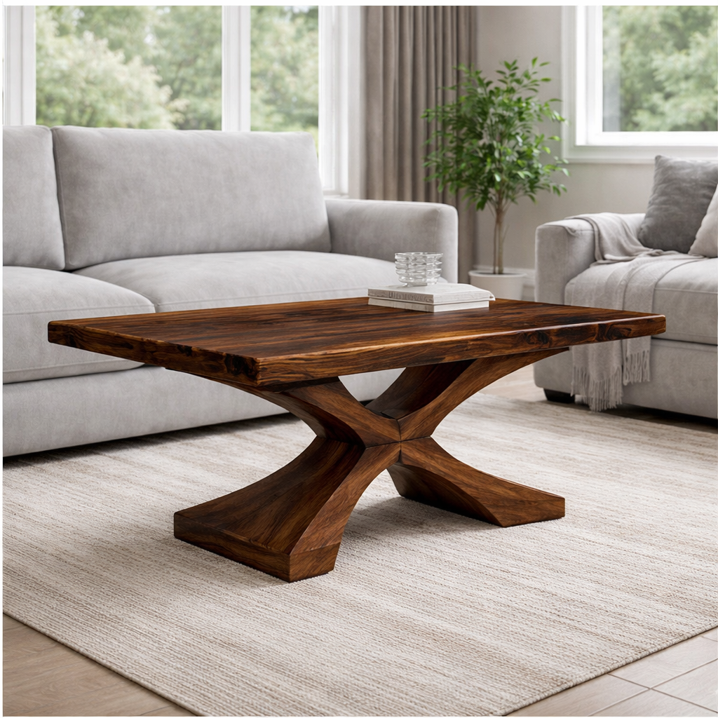 Solid Wood Coffee Table with Sculptural X Base – Modern Rustic Living Room Table