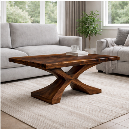 Solid Wood Coffee Table with Sculptural X Base – Modern Rustic Living Room Table