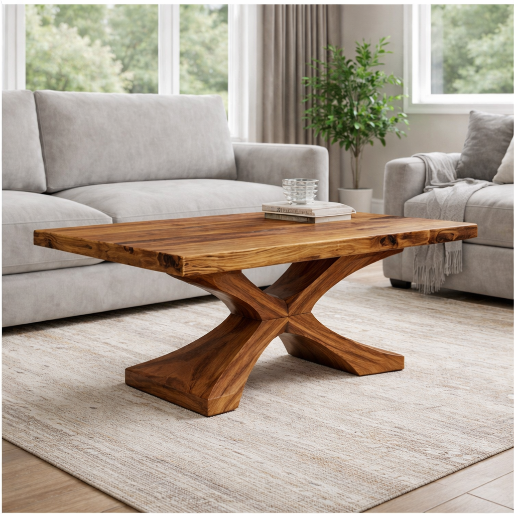 Solid Wood Coffee Table with Sculptural X Base – Modern Rustic Living Room Table