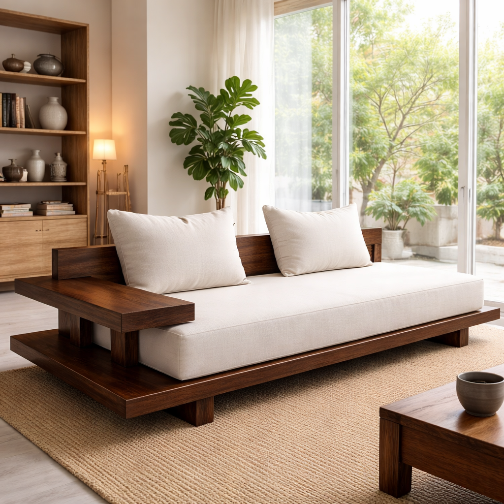 Solid Wood Sofa with Minimalist Frame – Modern Japanese Style Low Profile Design