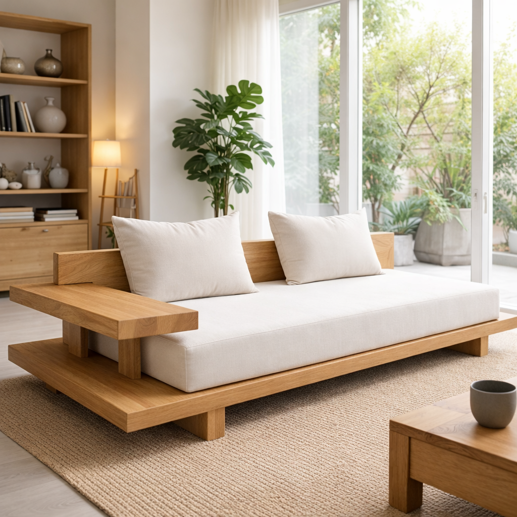 Solid Wood Sofa with Minimalist Frame – Modern Japanese Style Low Profile Design