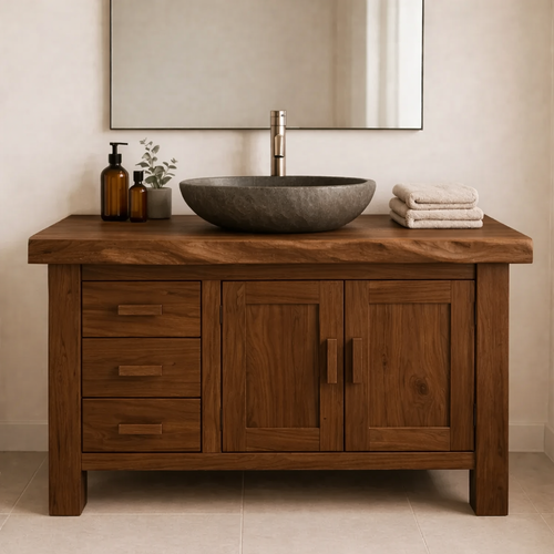 Rustic Solid Wood Bathroom Vanity Cabinet with Drawers and Double Door Storage