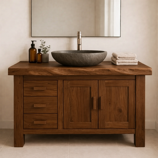 Rustic Solid Wood Bathroom Vanity Cabinet with Drawers and Double Door Storage