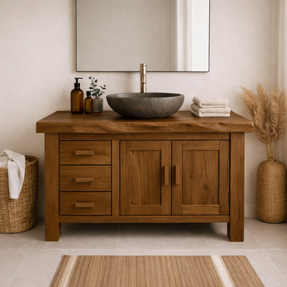 Rustic Solid Wood Bathroom Vanity Cabinet with Drawers and Double Door Storage