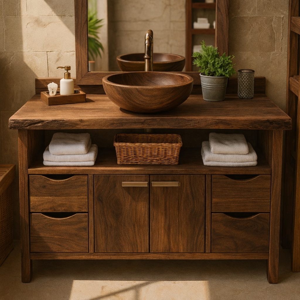 Rustic Solid Wood Bathroom Vanity Cabinet with Multi-Drawer Storage and Open Shelf