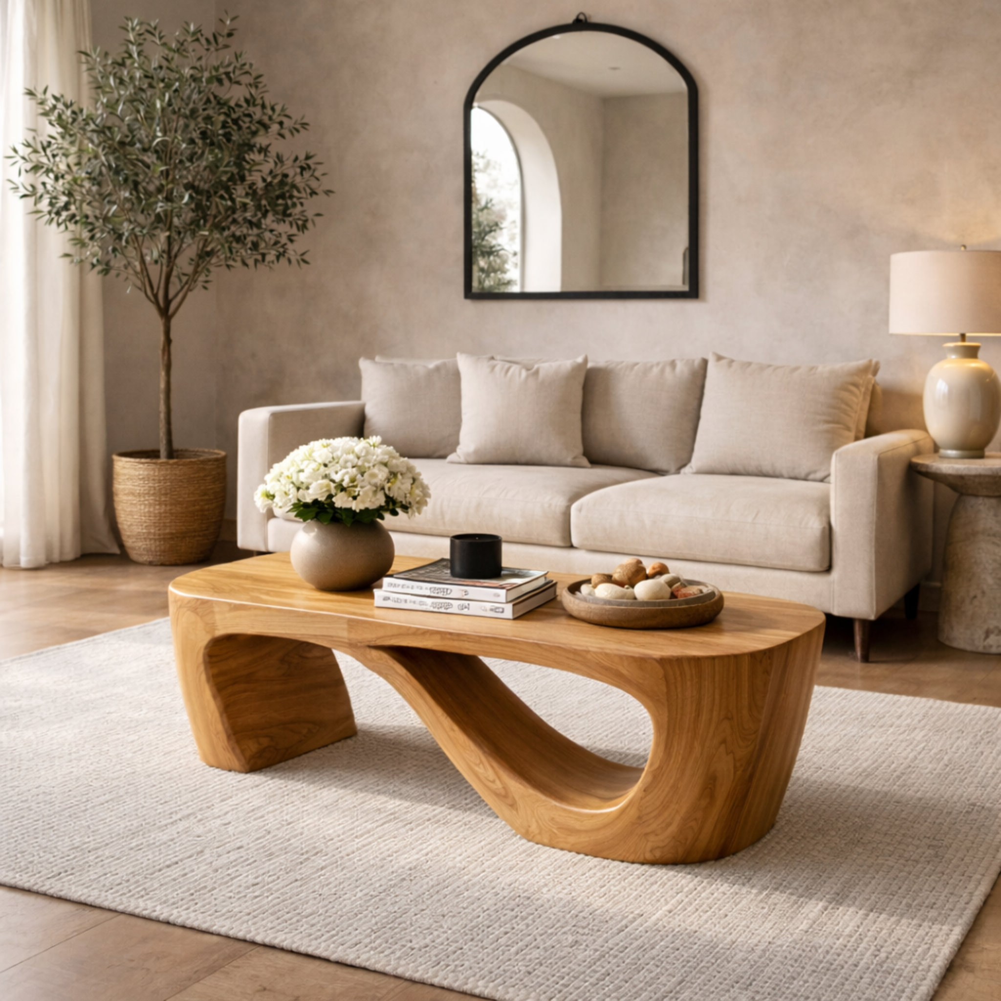 Solid Wood Coffee Table with Sculptural Curved Base and Organic Minimal Design