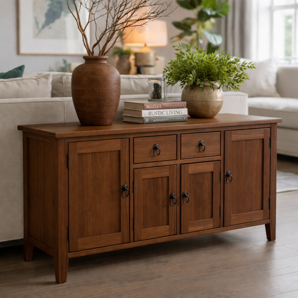 Solid Wood Console Table with Storage Cabinets and Drawers