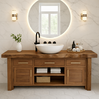 Solid Wood Bathroom Vanity for Modern Spaces with Louvered Doors and Open Shelf