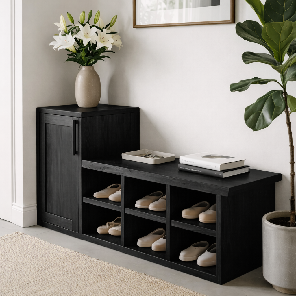Solid Wood Shoe Storage Bench with Cabinet Door & Open Cubby Shelves – Entryway Shoe Organizer Bench